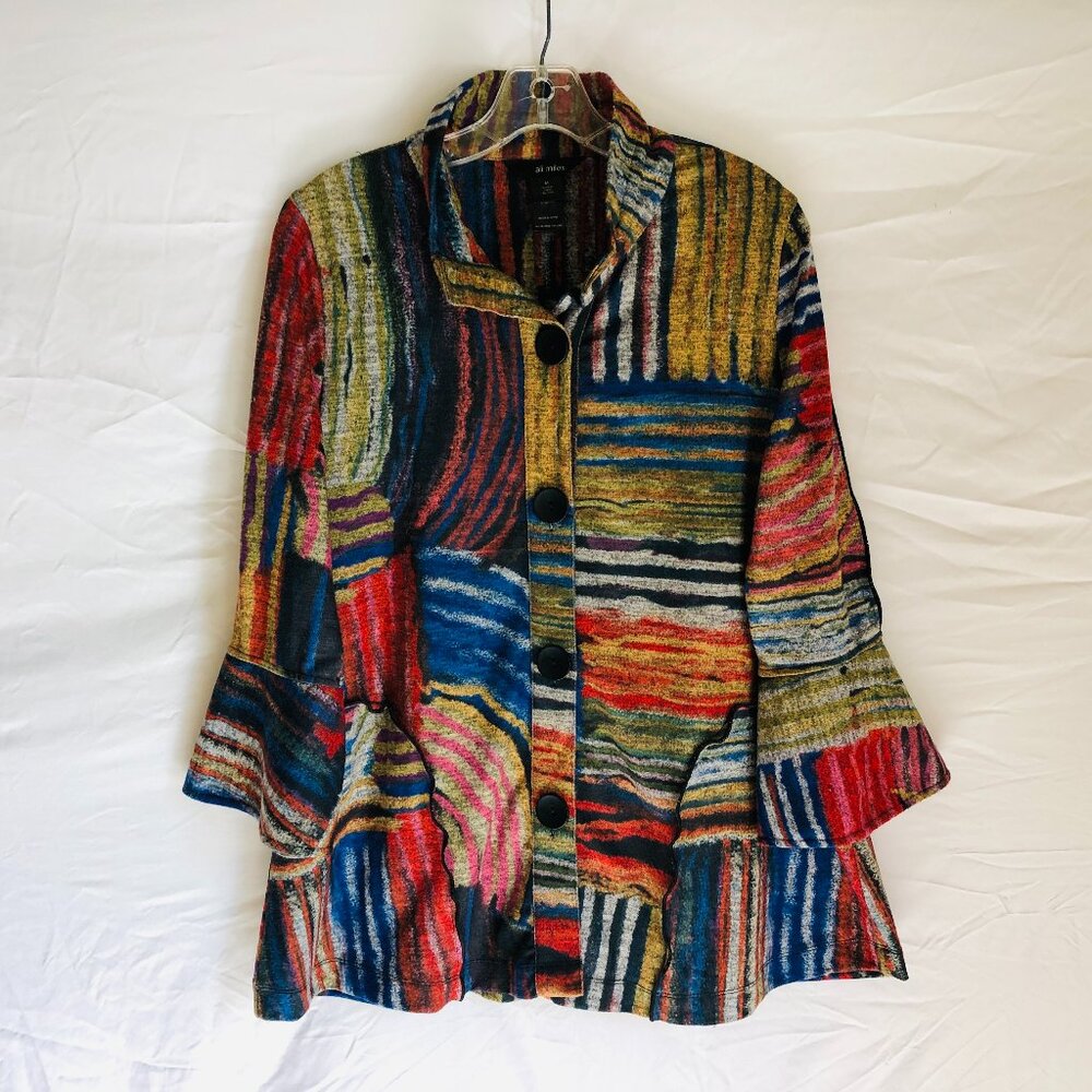 Ali Miles Women's Size Medium Artsy Geometric Fleece Button Up Tunic Top Sweater